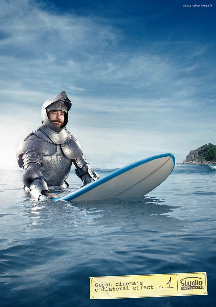 Adventure Sports & Trekking creative ad: Knight humorously surfs into adventure