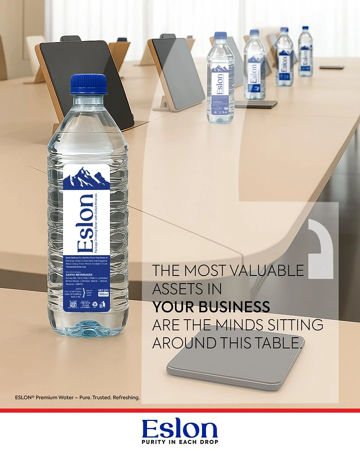 Packaged Drinking Water creative ad: Bottle framed as valuable business asset