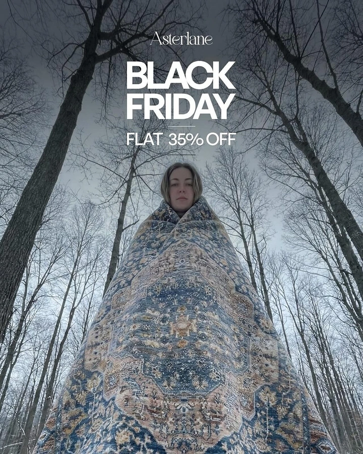 Rugs & Carpets creative ad: Rug transforms into a dramatic winter garment