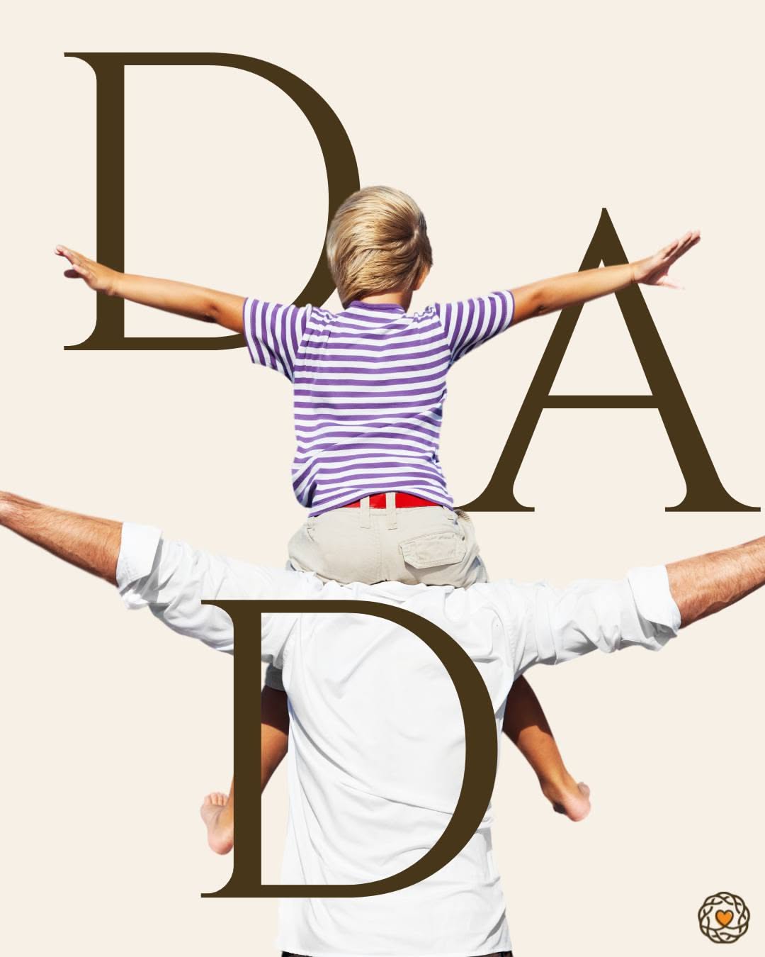 Boy on father's shoulders, both with arms spread like wings, seen from behind