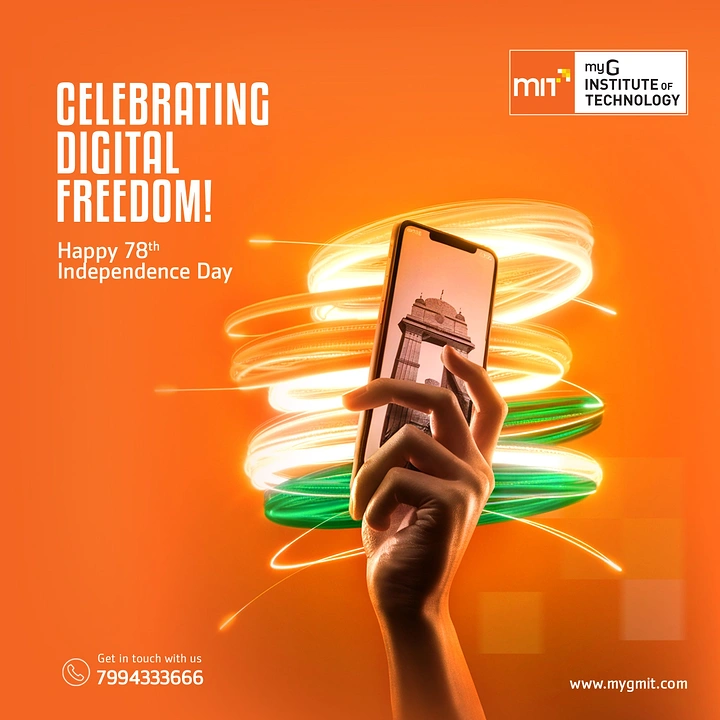 Independence Day creative ad: Hand holding up a smartphone showing India Gate, wrapped in saffron, white and green light-trail rings