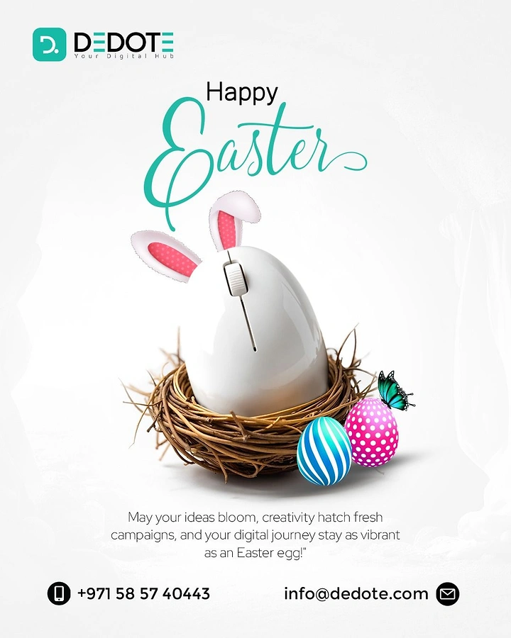Easter creative ad: White computer mouse shaped like an egg with bunny ears, sitting in a twig nest