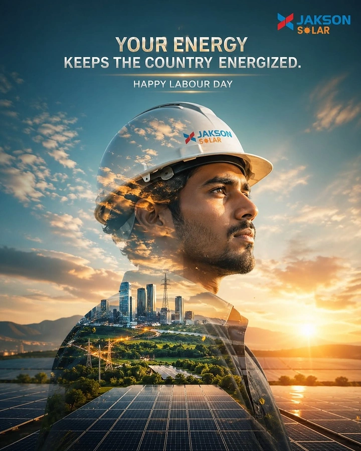 other-festival creative ad: Double-exposure worker profile in hard hat over solar farm at sunset