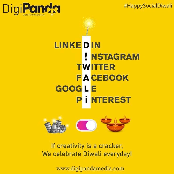 Diwali creative ad: Crossword of social platform names crossed by a vertical 'DIWALI' firecracker stick