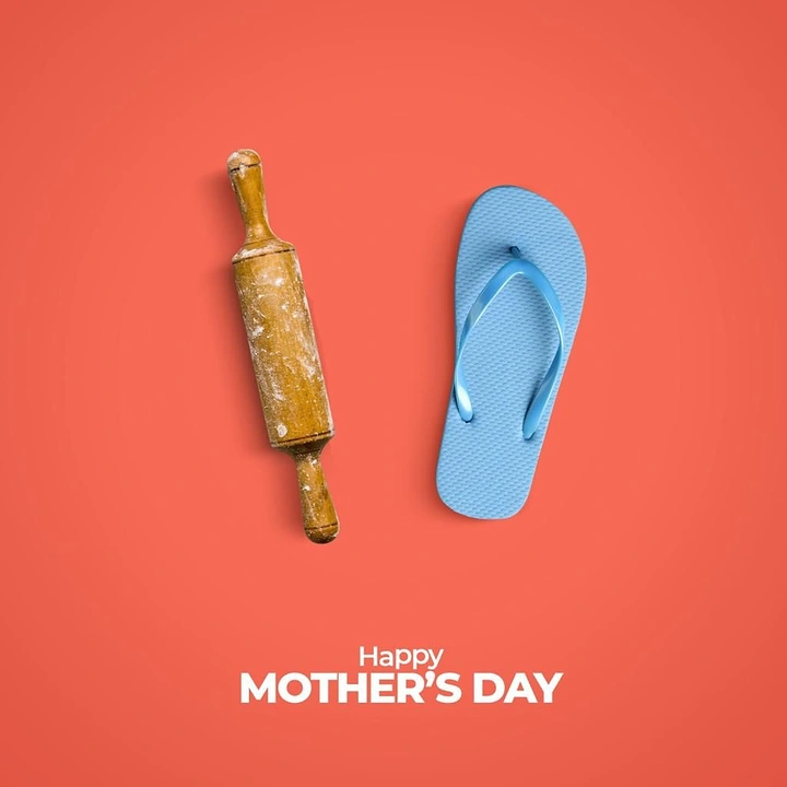 Mother's Day creative ad: Wooden rolling pin and blue flip-flop side by side