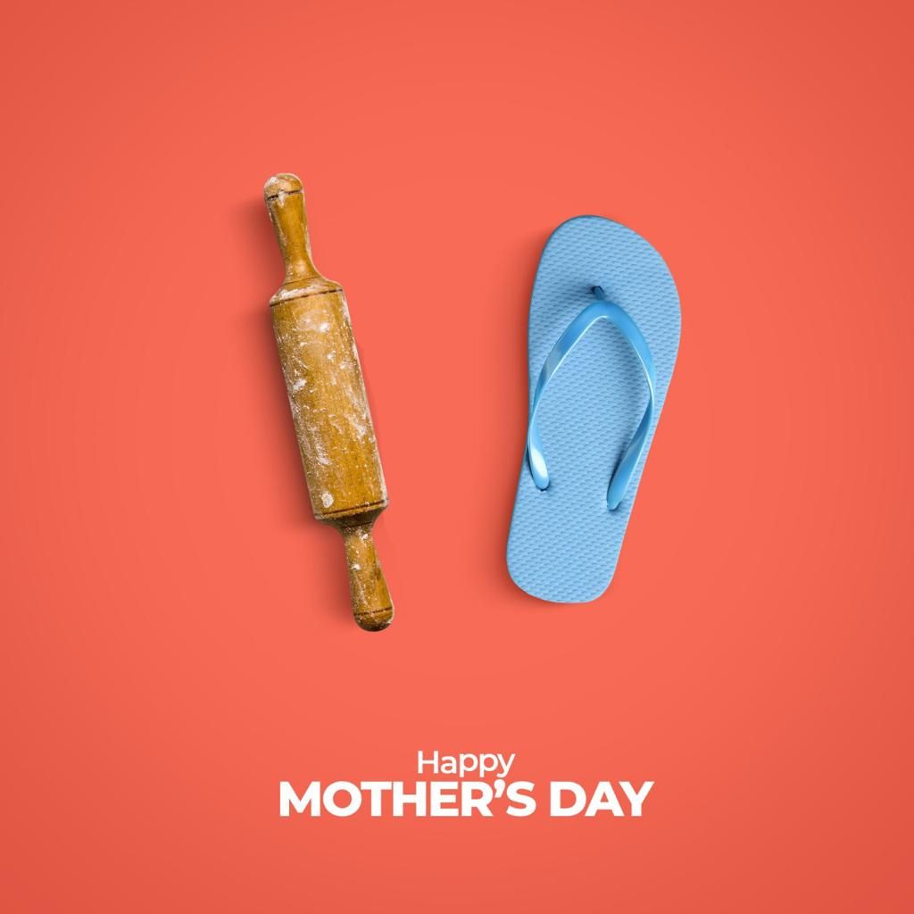 Wooden rolling pin and blue flip-flop side by side