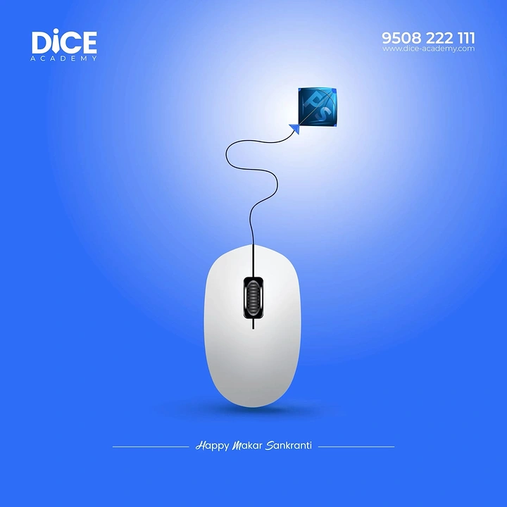 Makar Sankranti creative ad: White computer mouse whose cable flies a software-icon kite