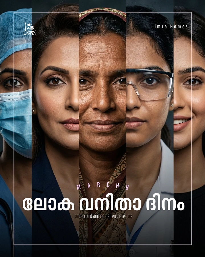 Women's Day creative ad: Composite of five vertical slices of different women's faces