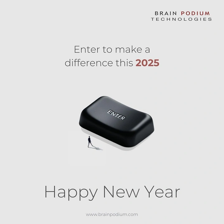 New Year creative ad: Oversized black Enter key with a tiny man walking beside it