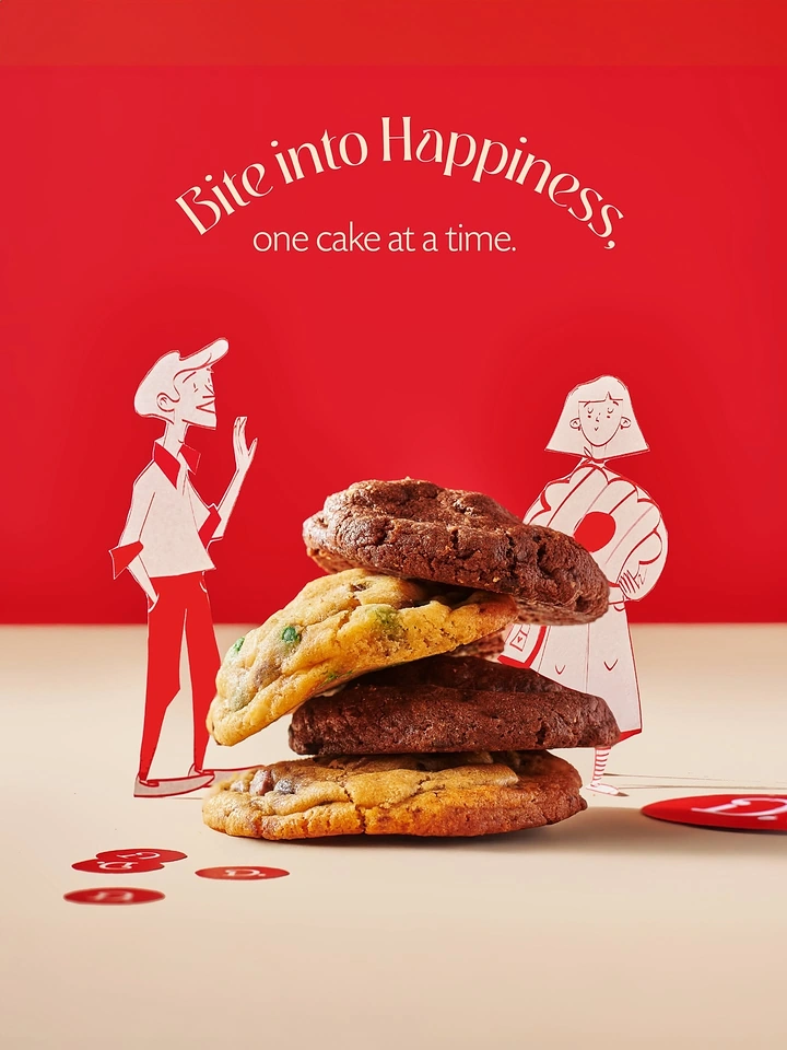 Creative ad: Stack of cookies with paper-cutout illustrated characters