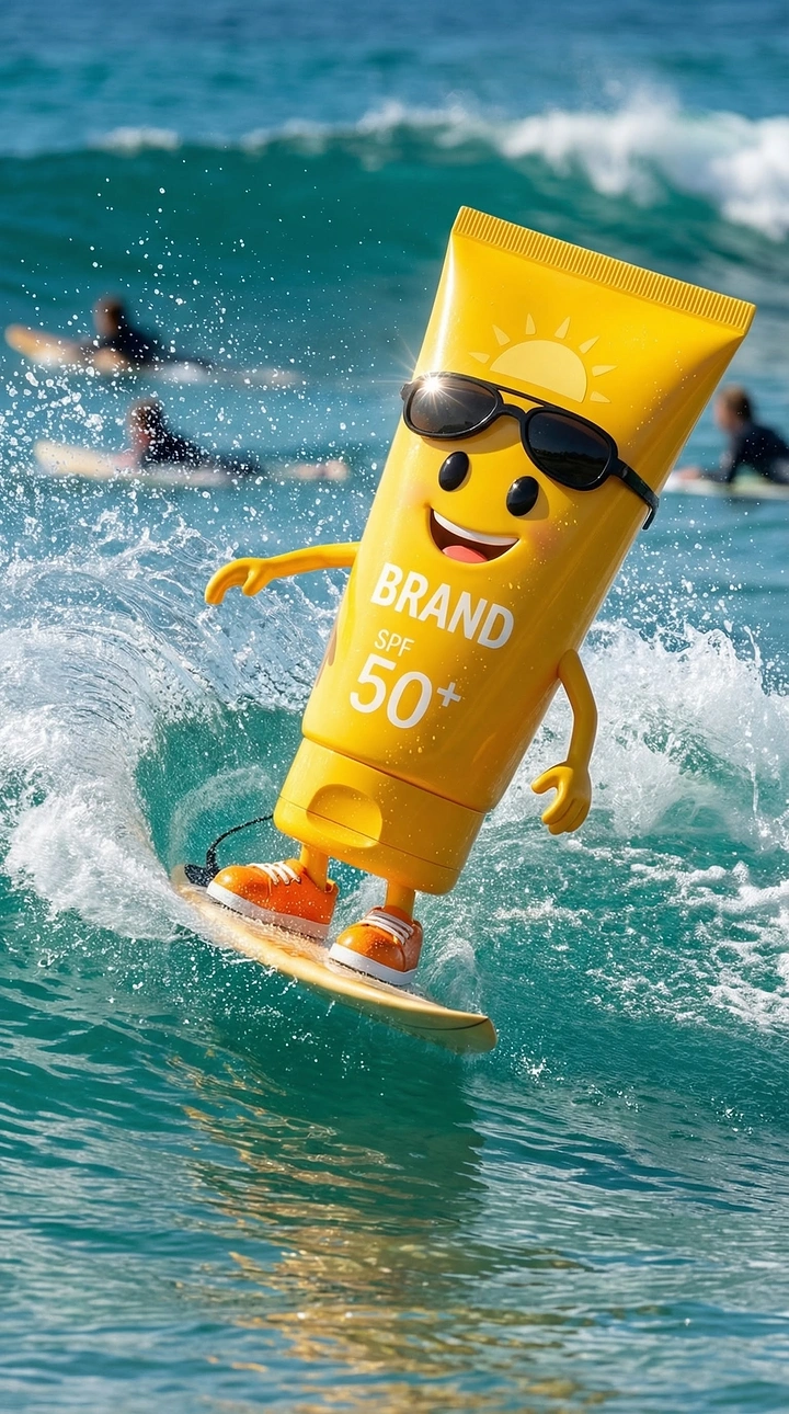 Sunscreen & Sun Care creative ad: Sunscreen tube becomes surfing character