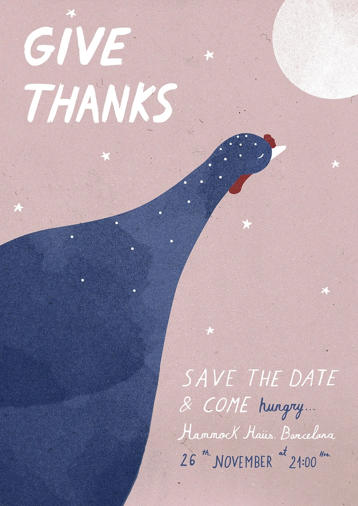 Thanksgiving creative ad: Oversized navy speckled bird gazing at the moon