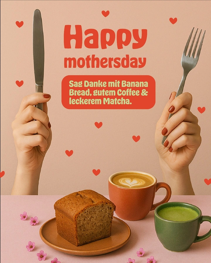 Mother's Day creative ad: Hands with cutlery above banana bread, latte and matcha