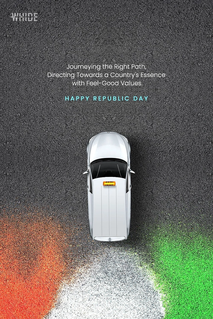 Republic Day creative ad: Top-down white car on asphalt splitting into tricolour paths