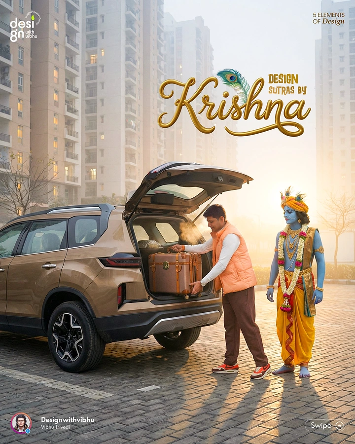 Janmashtami creative ad: Blue-skinned Krishna standing beside a man loading a trunk into an SUV