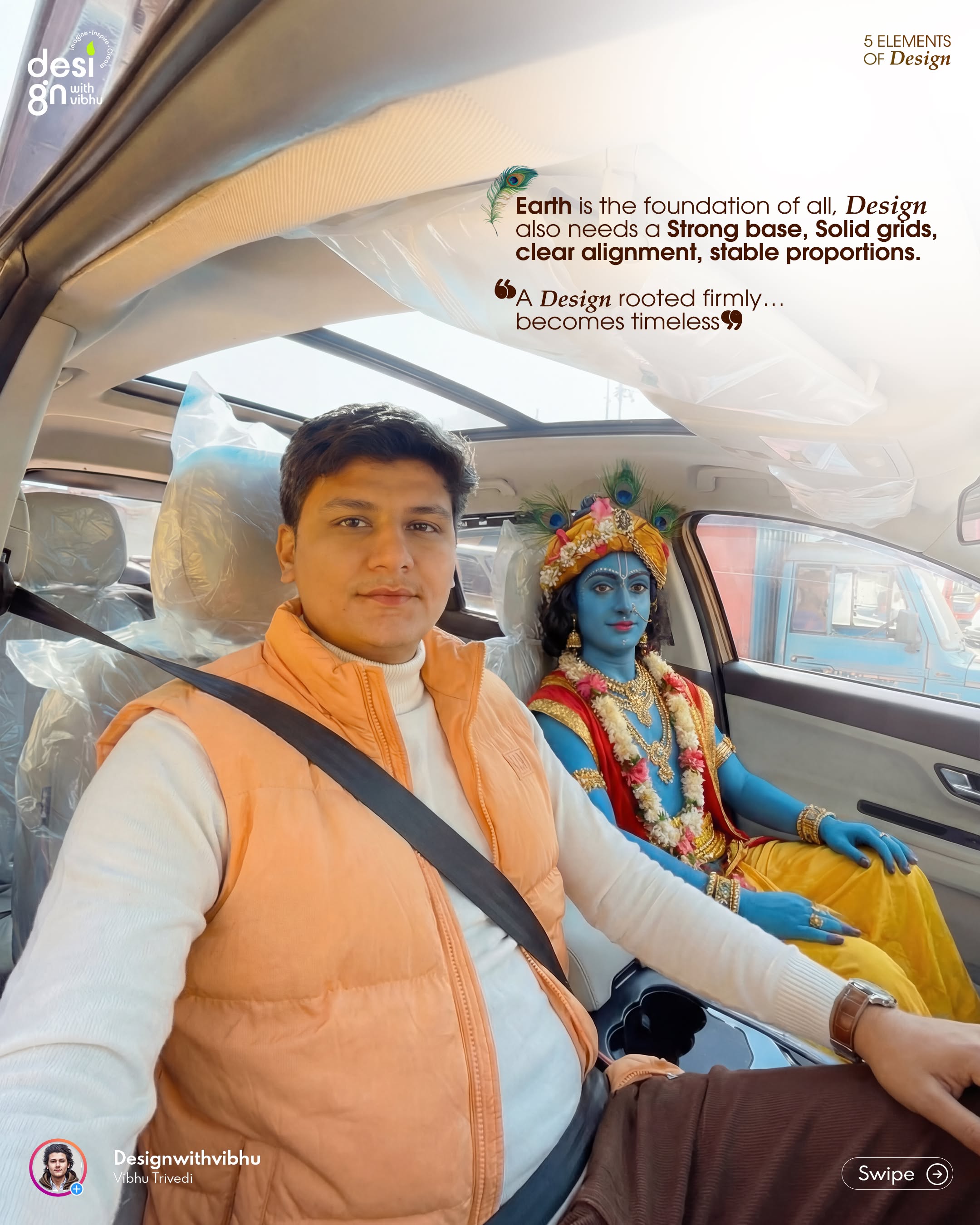 Blue-skinned Krishna standing beside a man loading a trunk into an SUV