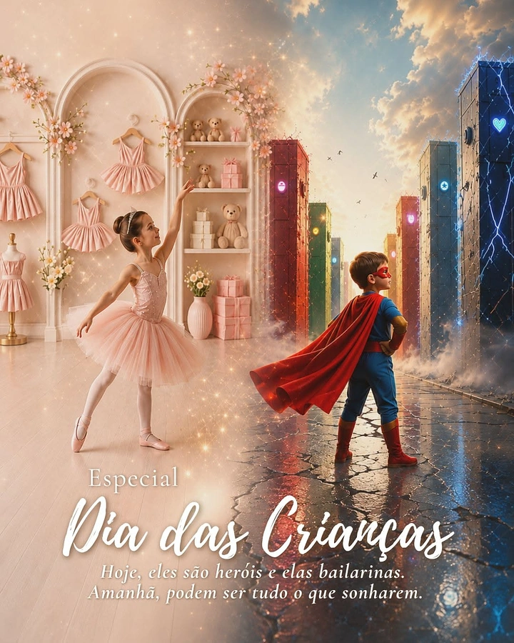 Children's Day creative ad: Ballerina girl and caped superhero boy in split fantasy worlds