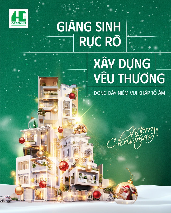 Christmas creative ad: Stacked modern villas forming a Christmas tree with baubles