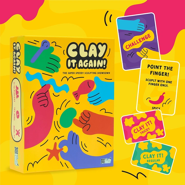 Board Games & Game Cafes creative ad: Playful clay-themed game packaging world