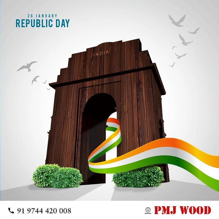 Republic Day creative ad: India Gate sculpted from dark wood planks wrapped by tricolour ribbon