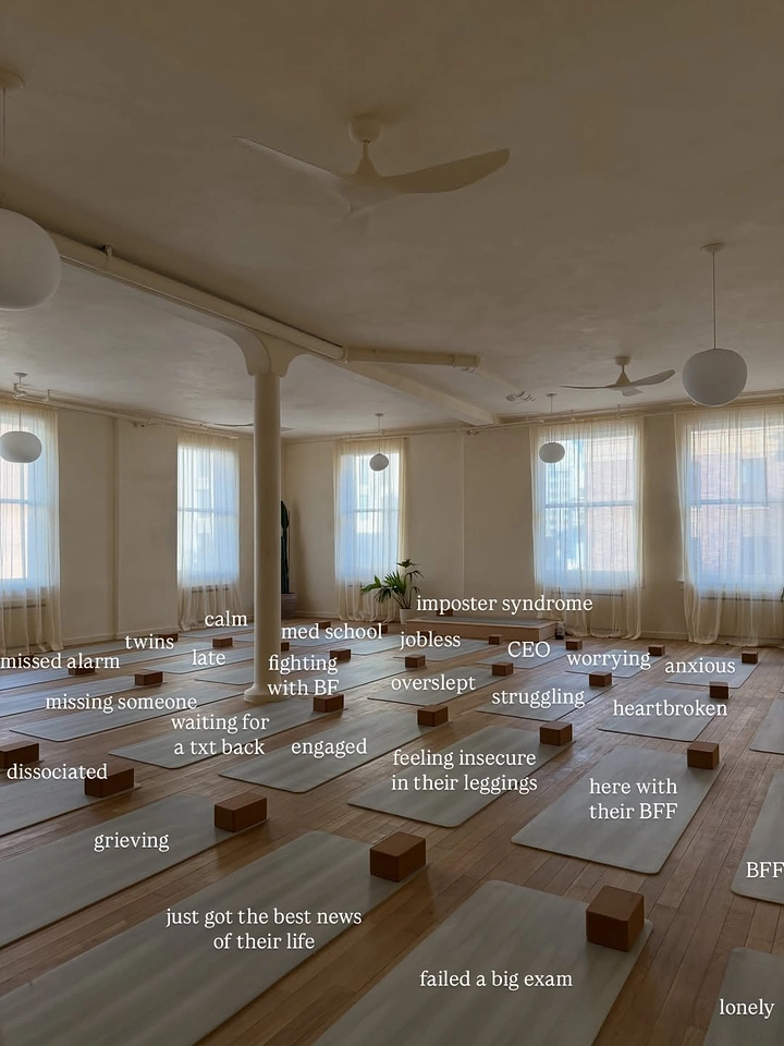 Yoga Studios creative ad: Empty sunlit yoga studio with rows of mats
