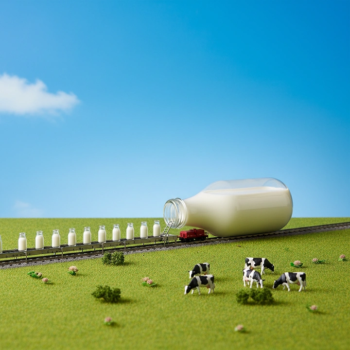 Dairy Brands creative ad: Milk bottle as train on farmland