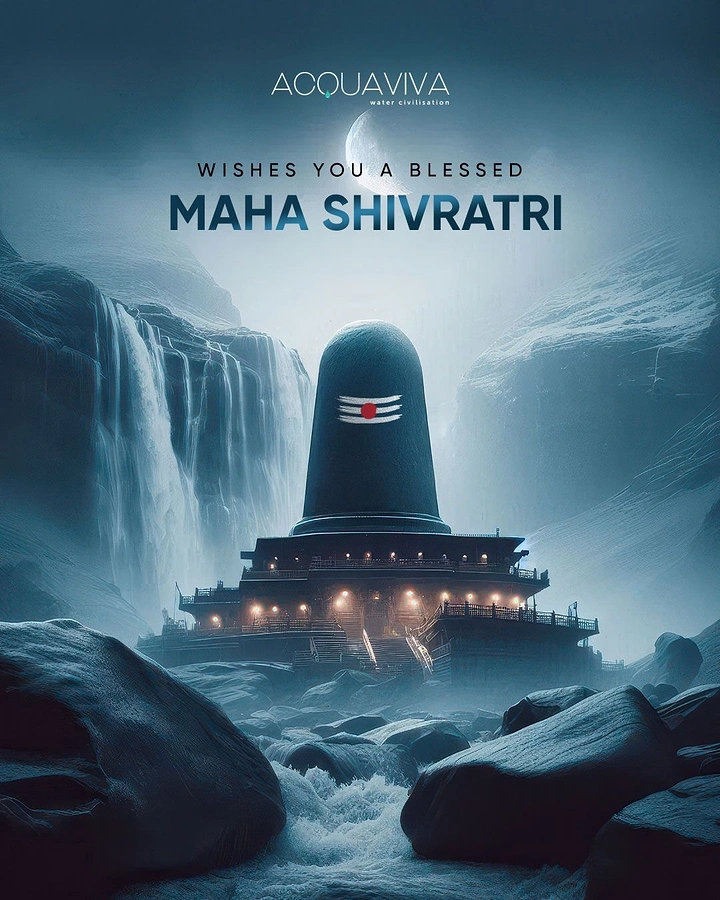other-festival creative ad: Giant Shiva lingam atop a lit temple amid misty waterfalls