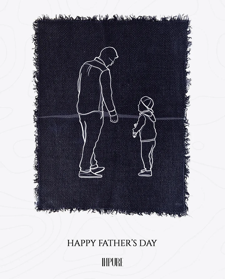 Father's Day creative ad: White line drawing of father and small child on dark frayed fabric