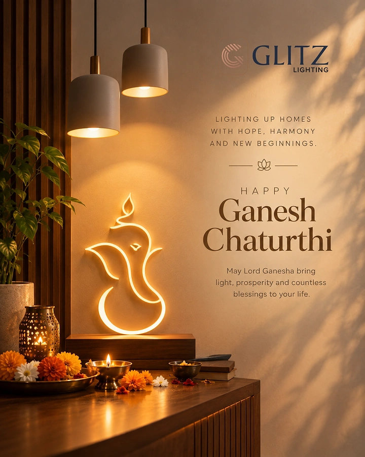 Ganesh Chaturthi creative ad: Glowing line-art Ganesha lamp on a wooden console with diyas