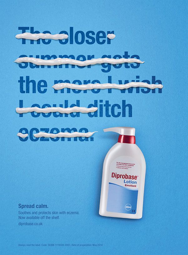 Poster: Lotion strokes erasing headline words beside a pump bottle