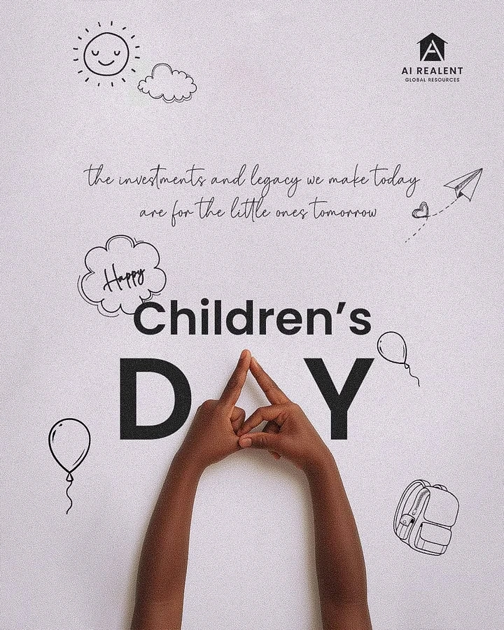 Children's Day creative ad: Child's hands forming the letter A in 'DAY'