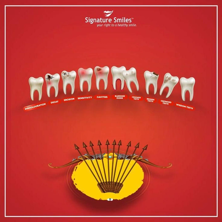 Dussehra creative ad: Ten arrows on a bow aimed at a row of ten problem teeth