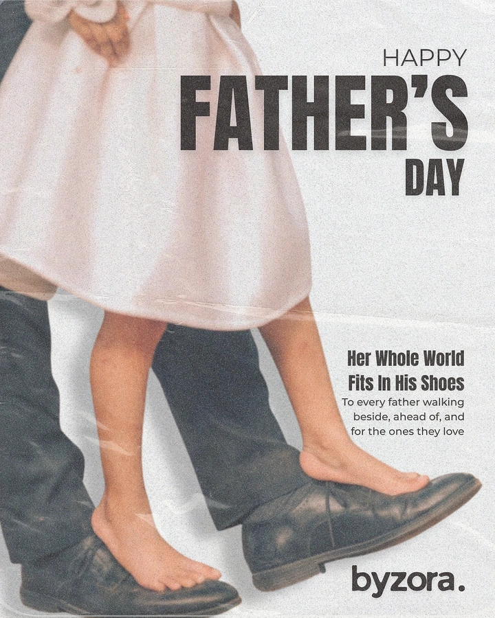 Father's Day creative ad: Barefoot girl in pink dress standing on father's black leather shoes