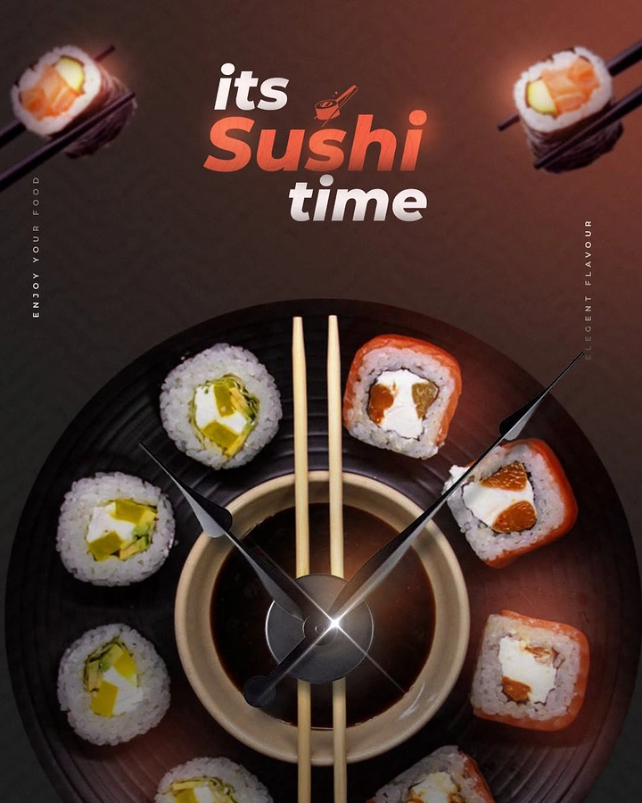 Sushi & Japanese Restaurants creative ad: Sushi pieces form a memorable clock