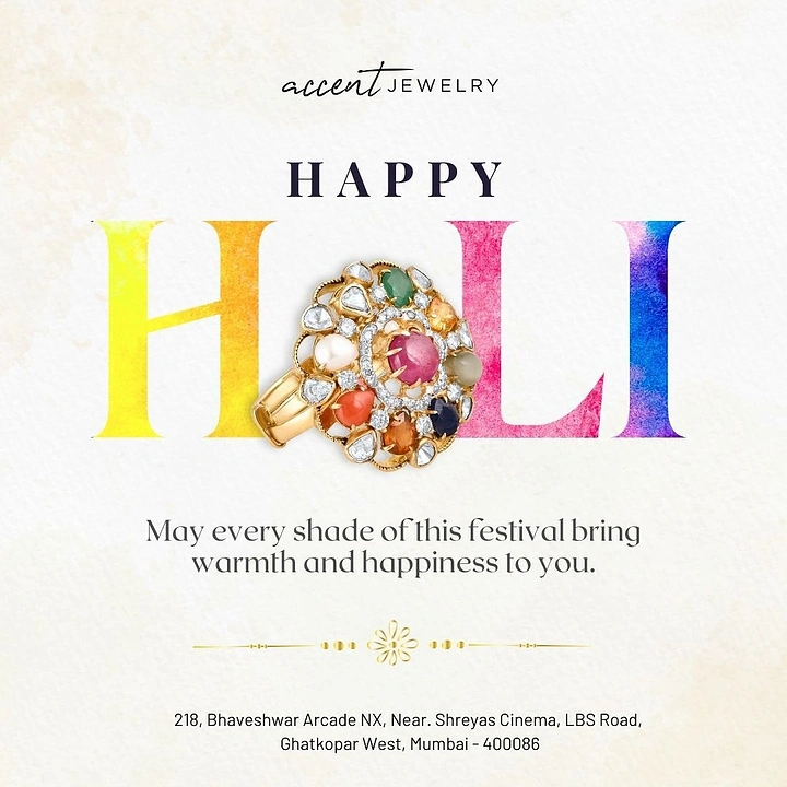 Holi creative ad: Multi-gem gold cocktail ring replacing the O in HOLI