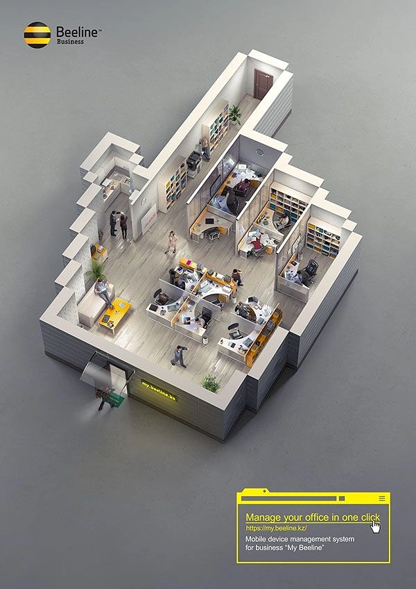 IT & Software creative ad: Isometric miniature office built in the shape of a hand cursor