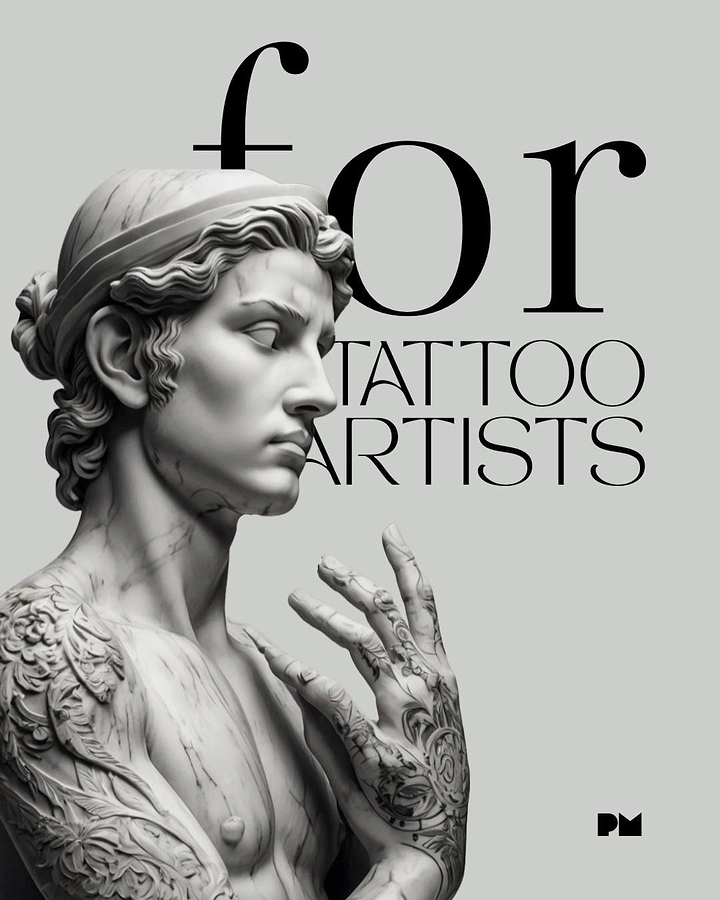 Tattoo Studios creative ad: Tattooed classical statue, elegant editorial type