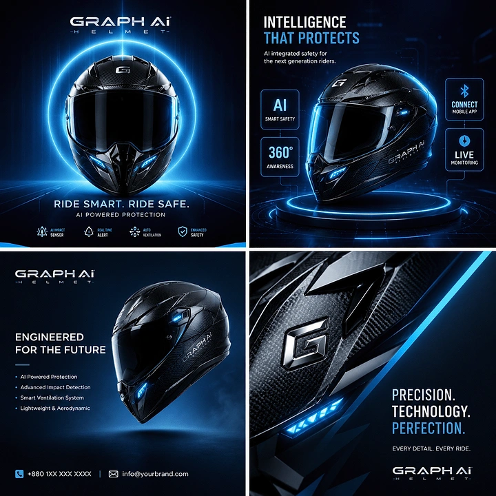 Helmets & Riding Gear creative ad: AI intelligence visualized through helmet