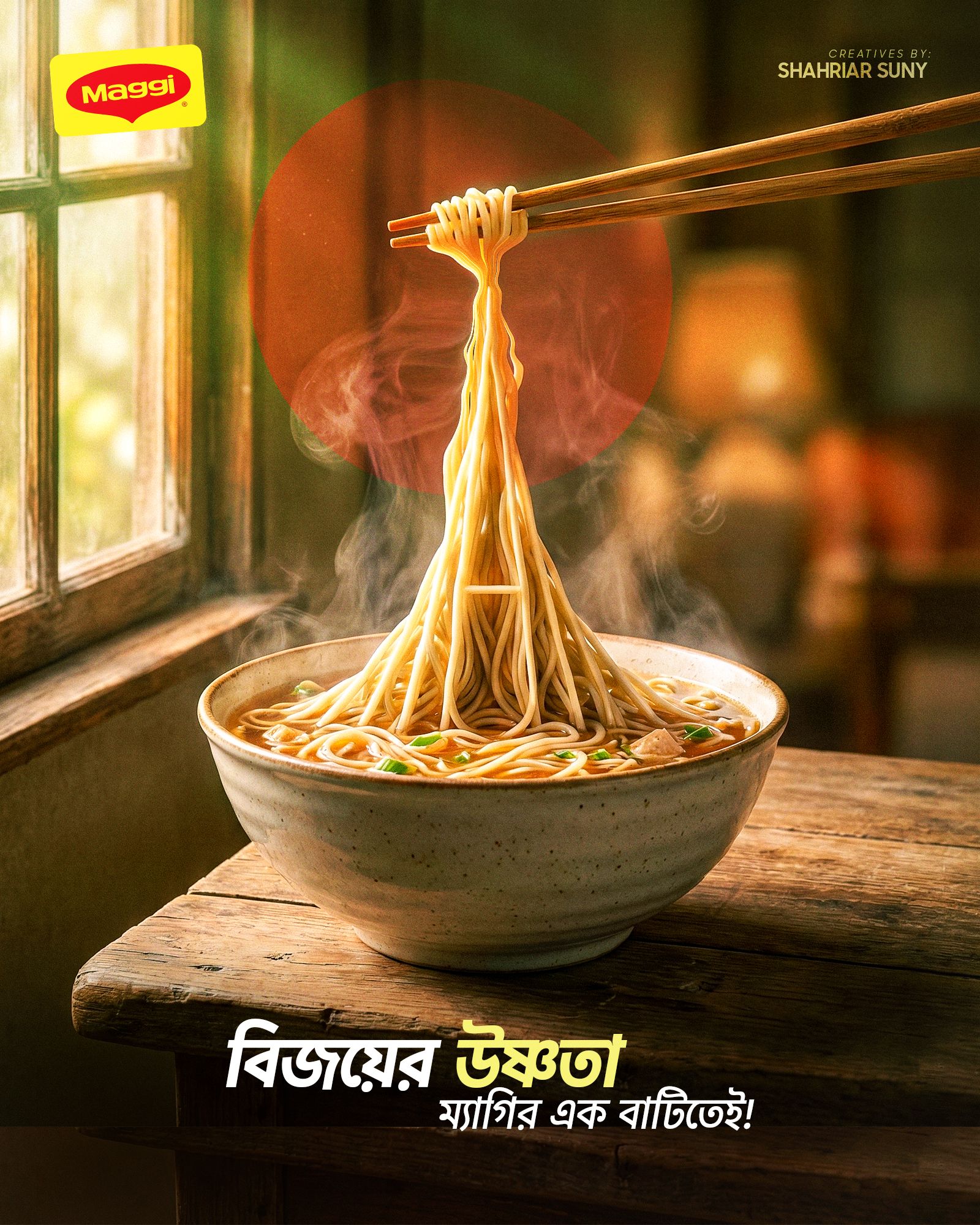 Diwali Poster: A steaming bowl of noodles lifted with chopsticks