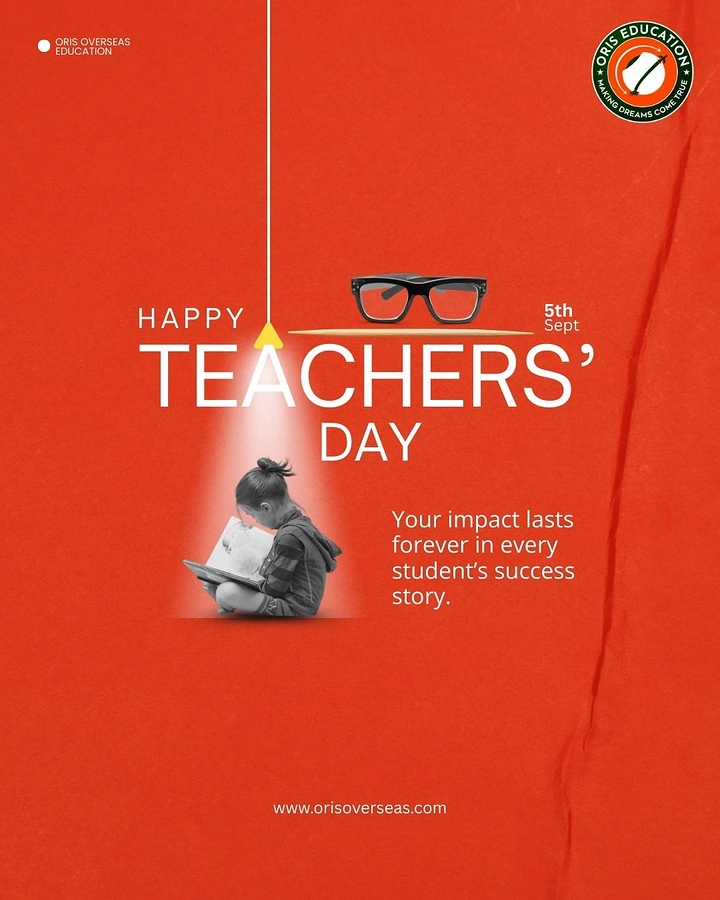 Teachers Day creative ad: Child reading under a hanging lamp spotlight with teacher's glasses