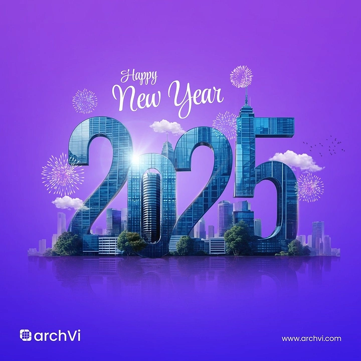 New Year creative ad: 2025 built as glass skyscrapers within a city skyline