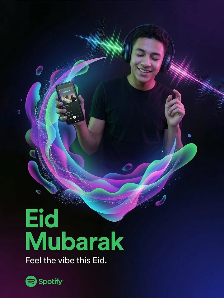 Eid creative ad: Young man with headphones holding phone playlist