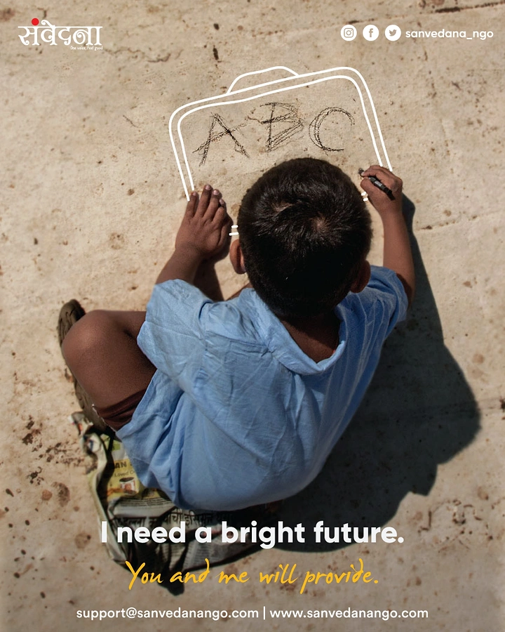 Children's Day creative ad: Overhead shot of a child writing ABC on the ground in chalk