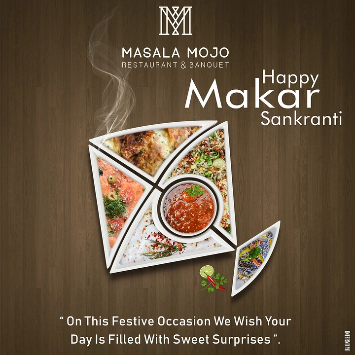 Makar Sankranti creative ad: Segmented white platters of dishes arranged as a kite