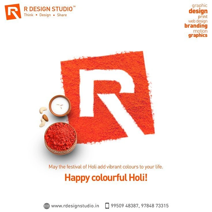 Holi creative ad: Brand logo formed in red gulal powder with bowls of colour and thandai