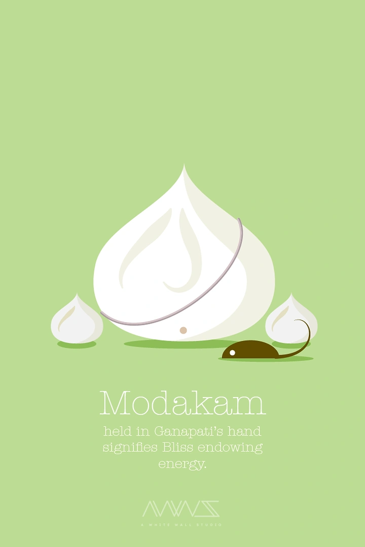 Ganesh Chaturthi creative ad: Large flat-illustrated modak with a small mouse