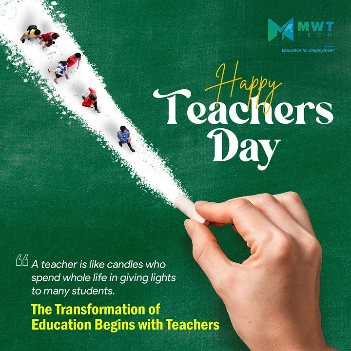 Teachers Day creative ad: Hand drawing a chalk path with tiny students walking along it