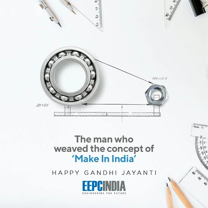 Gandhi Jayanti creative ad: Ball bearing and hex nut forming a charkha on a technical drawing
