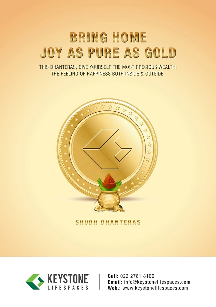 Dhanteras creative ad: Large embossed gold coin with brand mark and kalash