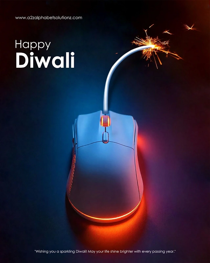 Diwali creative ad: White computer mouse whose cable becomes a lit firecracker fuse